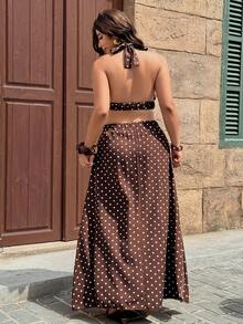 Vionelle Spring/Summer Plus Size Women's Brown Halter Top Tie Waist A-Line Skirt Date Night Vacation Gentle Boho 1950s Vintage 90s 70's 80s Casual Beach Party - Multicolor - View 3