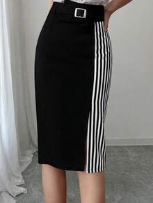 Elenzga Plus Size Women's Asymmetrical Waist Striped Patchwork Elegant Bodycon Skirt - Black and White - View 1