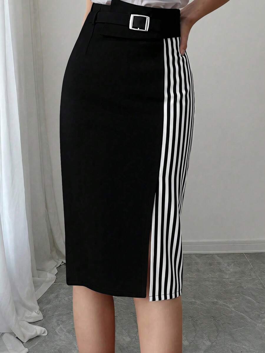 Elenzga Plus Size Women's Asymmetrical Waist Striped Patchwork Elegant Bodycon Skirt - Black and White - View 1