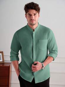 Core Aspect Men's Casual Versatile Solid Color Long Sleeve Shirt - Dark Green - View 5