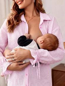 SHEIN 孕妇喇叭袖长款宽松哺乳上衣，粉色 - 淺粉色 - 查看 2