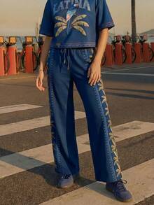 CAJUNI Celana Jogging Wanita dengan Tali Serut, Motif Bordir Pohon Kelapa, Kasual, Serbaguna untuk Pemakaian Sehari-hari - Navy Blue - View 3