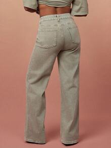 Vixey Calça Denim Reta de Cintura Média com Elastano, Streetwear Casual Elevado, Chique, Estilo Diário, Off Duty, Fim de Semana, Sair, Verde Sálvia, Verão - Caqui - Visão 5