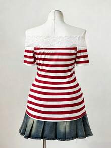 Sunspun Punk Style Off-Shoulder One-Word Collar Striped Lace Trim Patchwork Short Sleeve Plus Size T-Shirt Top – Gothic Y2K Ribbed T-Shirt - Red - View 2