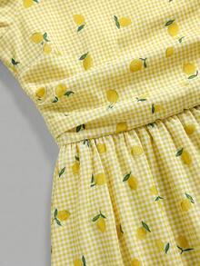 SHEIN Girlism Teen Girl Spring & Summer White Base Cherry Blossom Print Puff Sleeve Chest Ruched Waist Ruched A-Line Midi Dress, Elegant Floral, Luxurious Holiday - Yellow - View 5