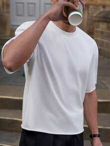 YOUESAWY YOUESAWY Men's Loose Crew Neck Short Sleeve T-Shirt, White, Minimalist Design With Rolled Hem - White - View 6