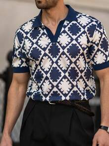 YOUESAWY YOUESAWY 男士休闲几何印花短袖 Polo 衫，夏季 - 藏蓝色 - 查看 6