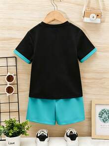 Young Boys 2-Piece Set, Simple Fashion Contrast Color Striped Color Block Print Short Sleeve T-Shirt And Printed Shorts Set, Suitable For Outings In Summer - Multicolor - View 2