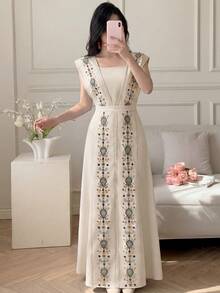 Celisse Robe longue élégante pour femme avec ceinture enveloppante 2 en 1 brodée de sequins - Nude - Voir 3