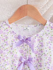 SHEIN Elladie kids 女童新款清新田園風細碎花兩件套，粉色蝴蝶結裝飾無袖背心上衣 + 粉色紋理布料寬腿長褲，甜美可愛時尚日常穿搭，夏季 - 紫色 - 查看 12