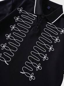 ROMWE MEN Street Life 男士哥德宮廷風直筒開襟刺繡 Polo 衫 - 黑色 - 查看 5