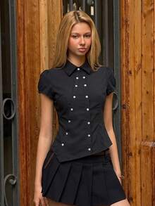 MainGRL Women's Solid Color Lapel Casual Versatile Daily Short Sleeve Shirt - Black - View 5