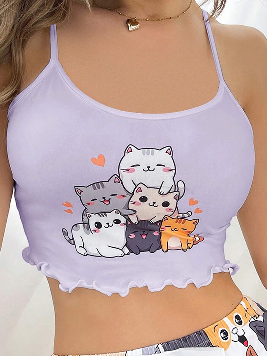 DUSKBASE Top de pijama para mujer con estampado de gato de dibujos animados lindo estilo Y2K - Multicolor - Ver 1