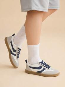 CUCCOO EASI Farbabgestimmte Retro-Moral-Trainingsschuhe für Damen, Low-Top Schnürschuhe mit Wildleder-Einsätzen, weiche rutschfeste Sohle für den täglichen Arbeitsweg, atmungsaktive und verschleißfeste Gummisohle, vielseitige lässige Sportschuhe für Studentinnen, leichte und bequeme Damen-Schuhe für alle vier Jahreszeiten - marineblau - Übersicht 3