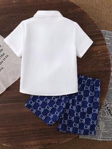 SHEIN Casuvi Kids 男童 CB 字母印花襯衫套裝，休閒 2 件套穿搭 - 藏蓝色 - 查看 2