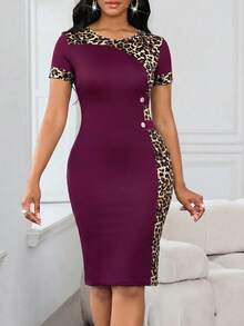 SHEIN Lady 女士豹纹拼接短袖修身优雅连衣裙 - 中紫紅色 - 查看 4