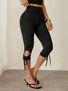 SHEIN PETITE Street High Leg Capri Leggings - Black - View 6