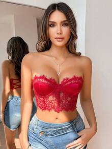 SHEIN 1件裝 無肩帶蕾絲性感無鋼圈內衣 - 紅色 - 查看 5