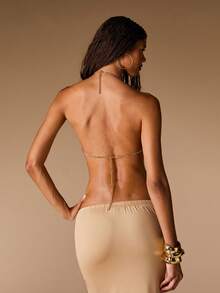 Opulessa Top halter de moda versátil para mujer con decoración de conchas y eslabones metálicos, para vacaciones y viajes - Albaricoque - Ver 7