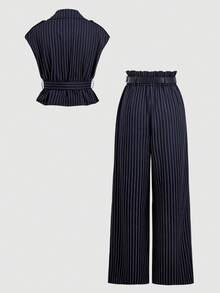 SHEIN MOD 女款海軍藍條紋鈕扣金屬扣腰部背心外套與寬鬆長褲套裝 - 藏蓝色 - 查看 3