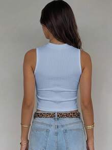 Paquete de camisetas de tirantes de algodón de punto acanalado para mujer, cuello redondo, ajuste ceñido, estilo básico casual. - Celeste - Ver 5