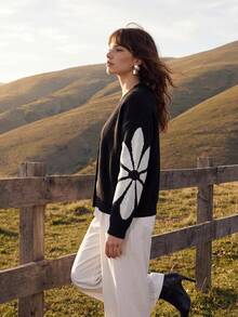 CAJUNI Autumn/Winter Casual Floral Pattern Cardigan - Black and White - View 2