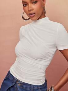 Vixey Solid Mesh Asymmetrical Ruched Mock Neck Short Sleeve Top, Elevated Casual, Casual Chic, Everyday Style, Off Duty - Beige - View 1