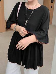 Dazy Plus Plus Size Colorblock Contrast Stitching Flared Sleeve Casual College Style Versatile Black Short Sleeve T-Shirt For Girls Summer - Black - View 1
