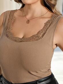 Chikora Plus Size Women's Elegant Lace Patchwork Tank Top, Commuter, Office Wear, Workwear, Business Formal, Work Top - Brown - View 7