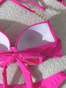 Swim SXY Summerbeach Women's Solid Color Metal Decor Halter Top And Bottom Bikini Set - Pink - View 6