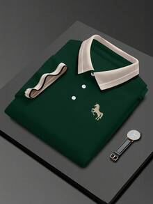 Calvornis Men's Ribbed Collar Embroidered Short Sleeve Casual Polo Shirt, Formal - Dark Green - View 2