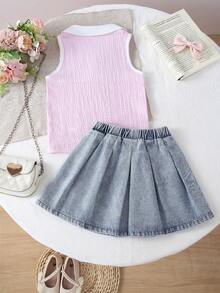 SHEIN Playful Pals 女童夏季淺藍色V領蝴蝶結刺繡背心套裝，搭配復古牛仔彈性腰設計，腰帶3D蝴蝶結修身套裝 - 彩色 - 查看 4