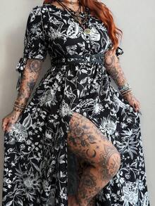 Whyspr Plus Size Spring/Summer Punk Vintage Butterfly Print Vacation Dress - Black - View 7