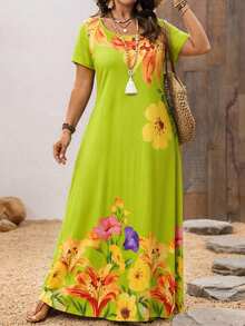 Zaforene Plus Size Floral Print Square Neck Short Sleeve Summer Dress - Multicolor - View 9