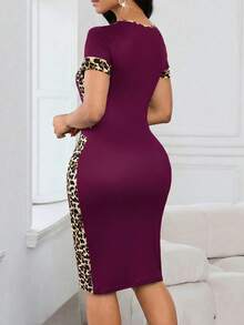 SHEIN Lady 女士豹纹拼接短袖修身优雅连衣裙 - 中紫紅色 - 查看 2