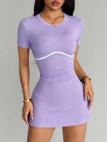 Dewbera Dewbera Women's Short Sleeve Round Neck Fitted Ruched Black & White Sports Dress With Shorts And Phone Pocket - Mauve Purple - View 6