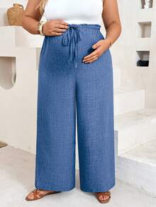 Plussiva Plus-Size Light Blue Casual Drawstring-Waist Trousers For Maternity Wear-Versatile For Everyday Use And Suitable For The Autumn Season Fall Dates - Black - View 6