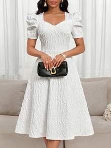 SHEIN Lady Vestido elegante de mujer con escote corazón texturizado y mangas cortas abullonadas - Blanco - Ver 7