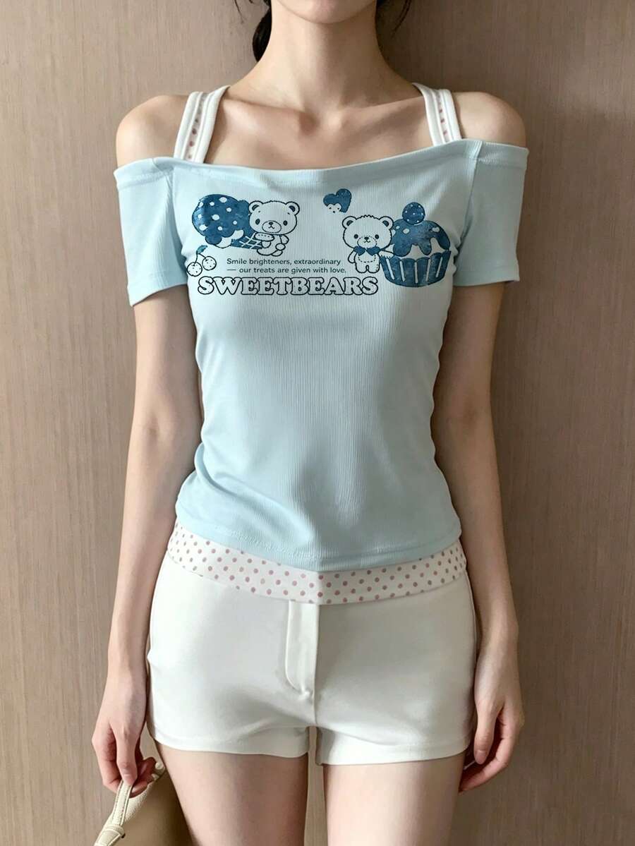 INAWLY Japanese Sweet Cute Soft Girl Dessert Rabbit Light Blue Camisole 2 In 1 Short Sleeve T-Shirt Top Everyday Going Out Summer - Baby Blue - View 1