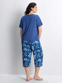 Slumbrini Conjunto de pijama de talla grande con estampado, cuello en V y manga corta - Azul Marino - Ver 2