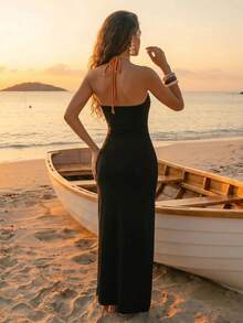 CAJUNI Women's Colorblock Vacation Side Slit Hem Sexy Halter Neck Dress - Black - View 2