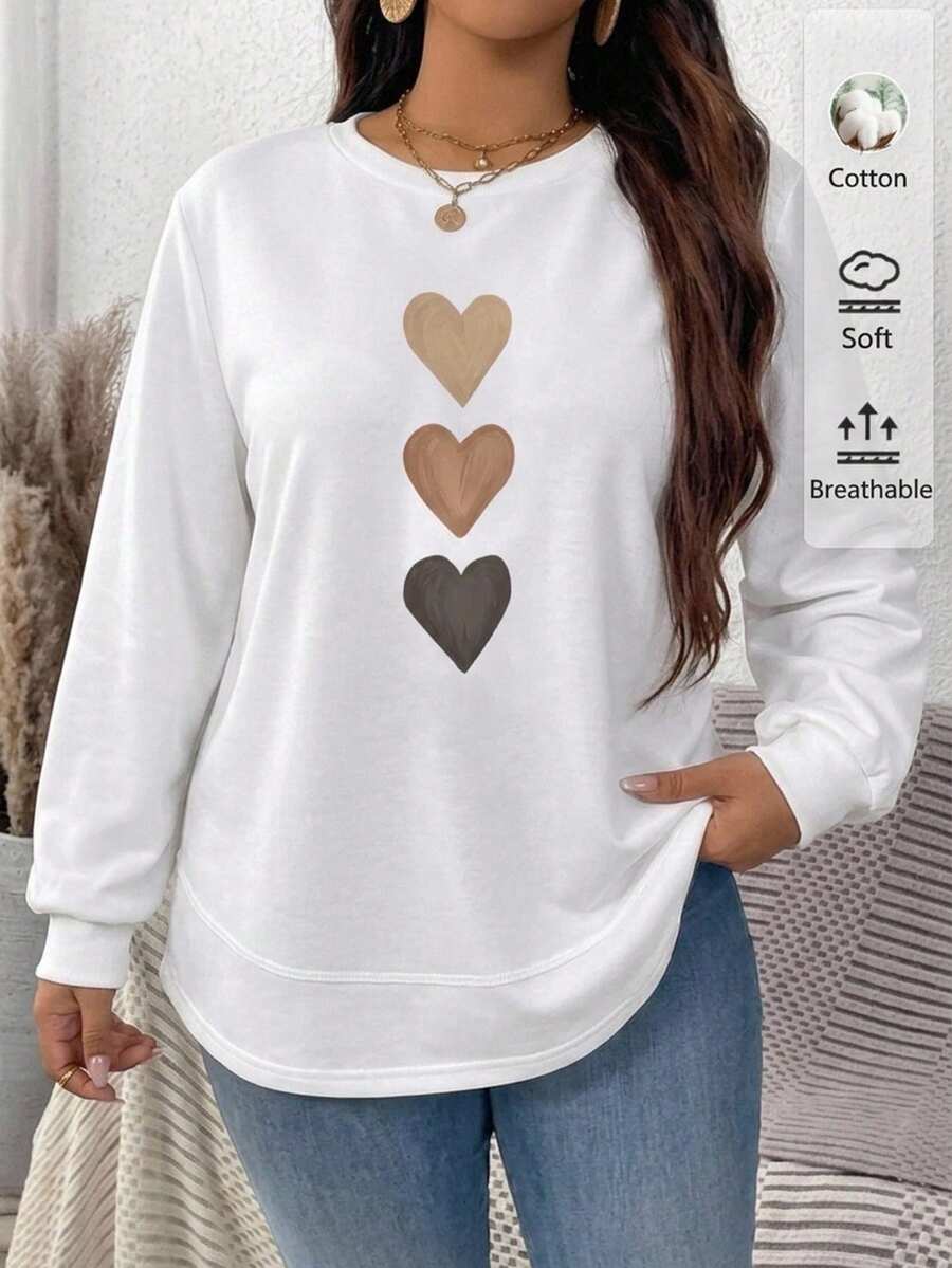 EMERY ROSE Sweatshirt Wanita Putih Campuran Katun dengan Gambar Hati - Lengan Panjang, Kasual, Musim Gugur - Putih - View 1