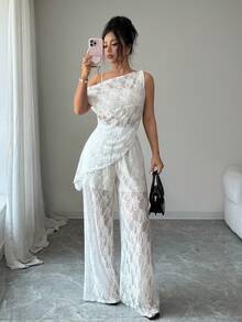 SHEIN Elenzya Women's Elegant Lace Daily Versatile Outfit Set Night Out White Beige Summer - White - View 3