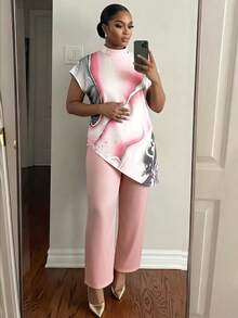 SHEIN Lady CURVE 大尺碼女款紮染立領不對稱下擺上衣與長褲兩件套 - 彩色 - 查看 5