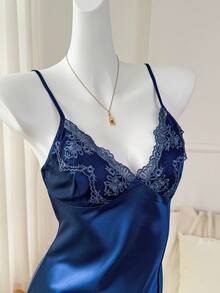 Moireta Women's Lace Patchwork Camisole Pajama Night Dress Luxeloungewear - Blue - View 3