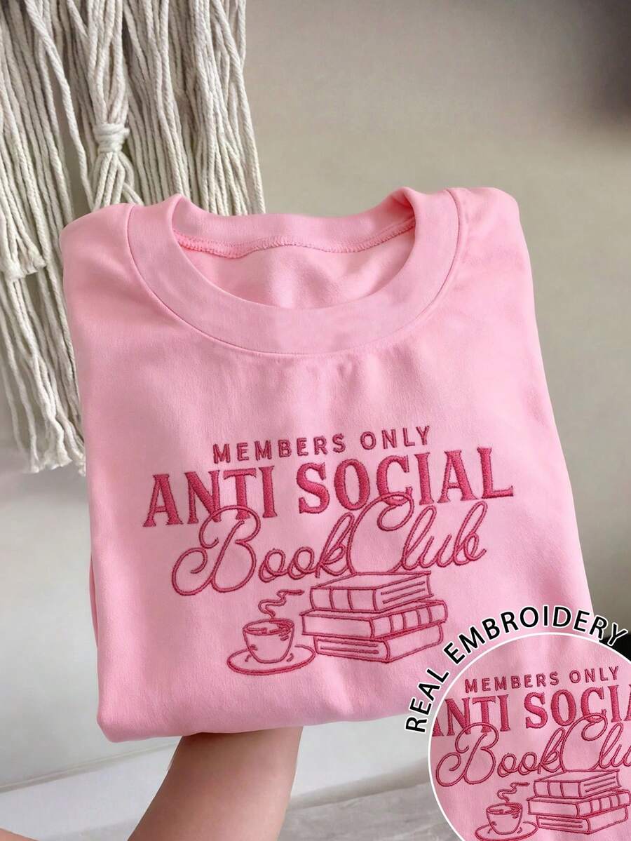 INAWLY Kaos Wanita Kasual Lengan Pendek Leher Bulat dengan Bordir Huruf & Buku, Musim Panas - Berwarna merah muda - View 1