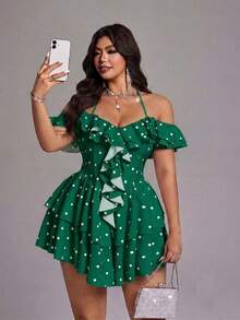 Viva Relle Plus Size Women Polka Dot Print Ruffle Off-Shoulder Halter Neck Fashion Dress - Green - View 5