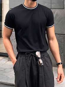 DAZY Short Sleeve Black Fabric With Contrast Ribbed Trim Men's T-Shirt - Black - View 5