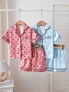 SHEIN 女童花卉愛心緞面開襟翻領睡衣套裝 4件式居家休閒服 - 彩色 - 查看 3