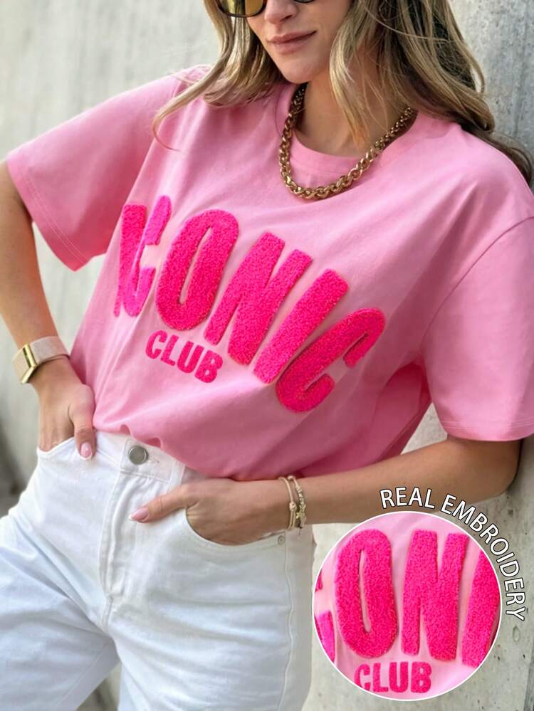 DrmWander Plus Size Women's Letter Towel Embroidery Round Neck Short Sleeve Casual T-Shirt - Pink - View 1